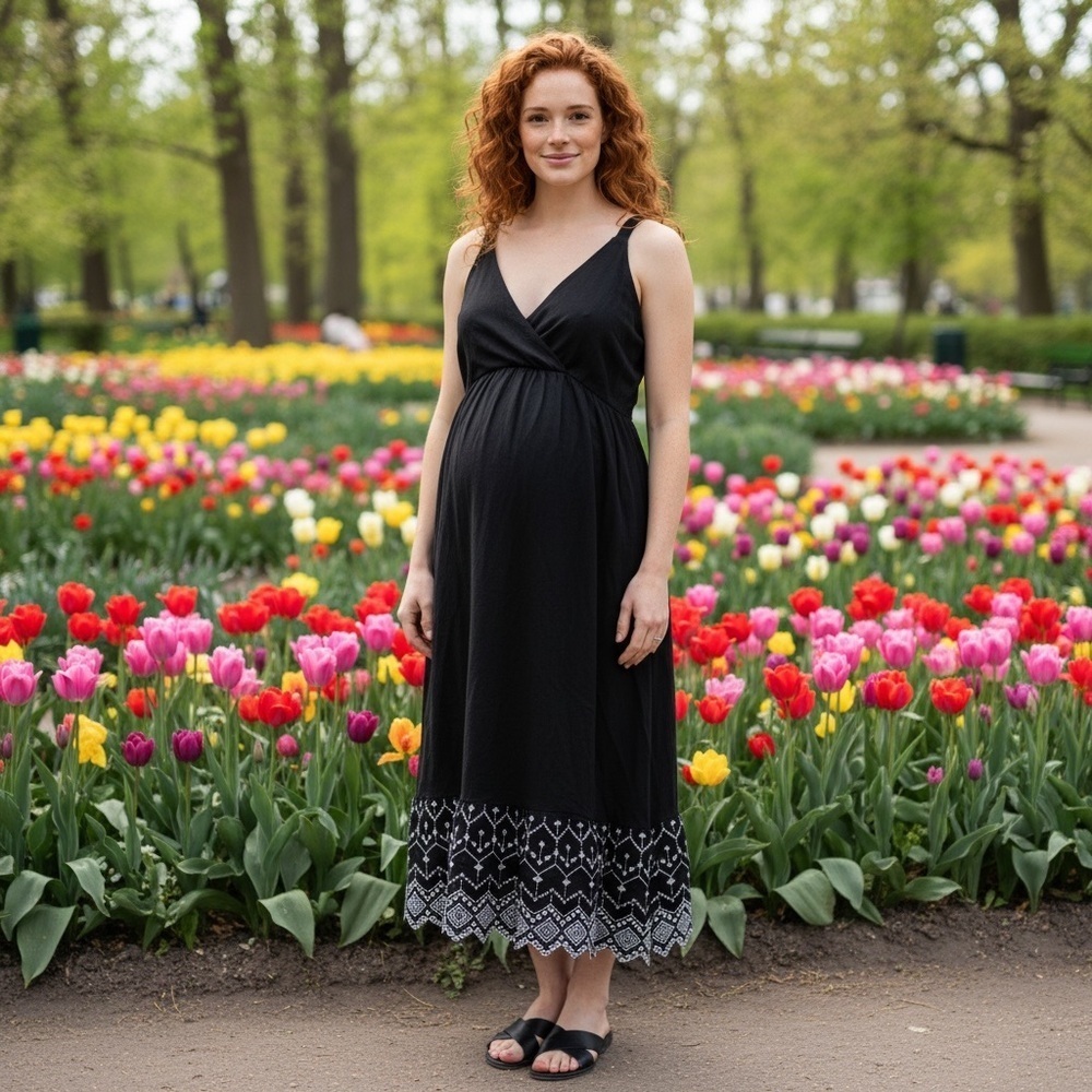 Old Navy Maternity Linen Blend Black White Eyelet Scalloped Midi Dress Medium